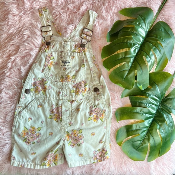 Oshkosh B’gosh Pink & Orange Floral Vestbak Shorts Overalls Sz 3T Cottage Core - Picture 2 of 13